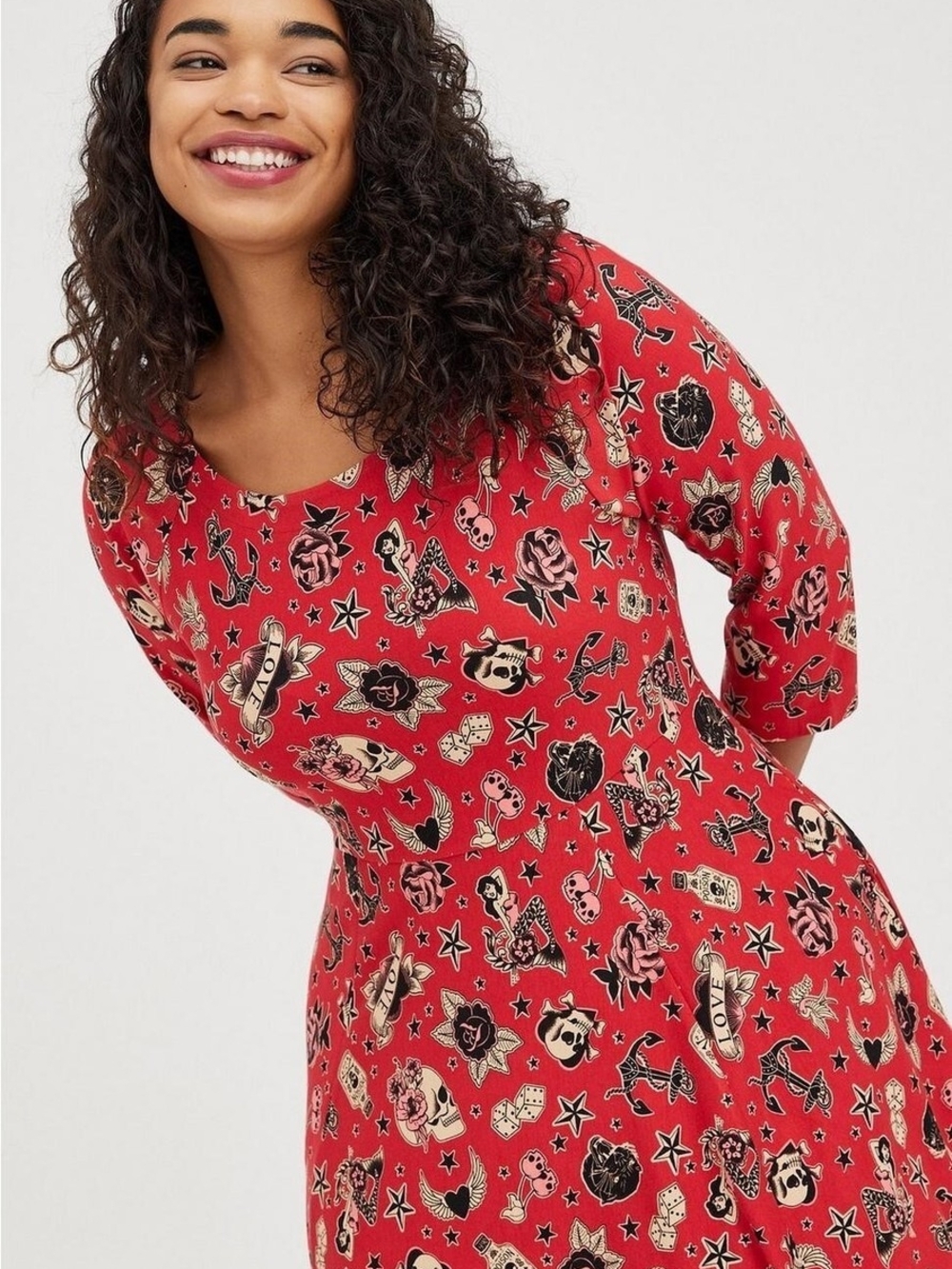 Torrid Red Tattoo Flash Print Skater Dress, Size 0x GUC